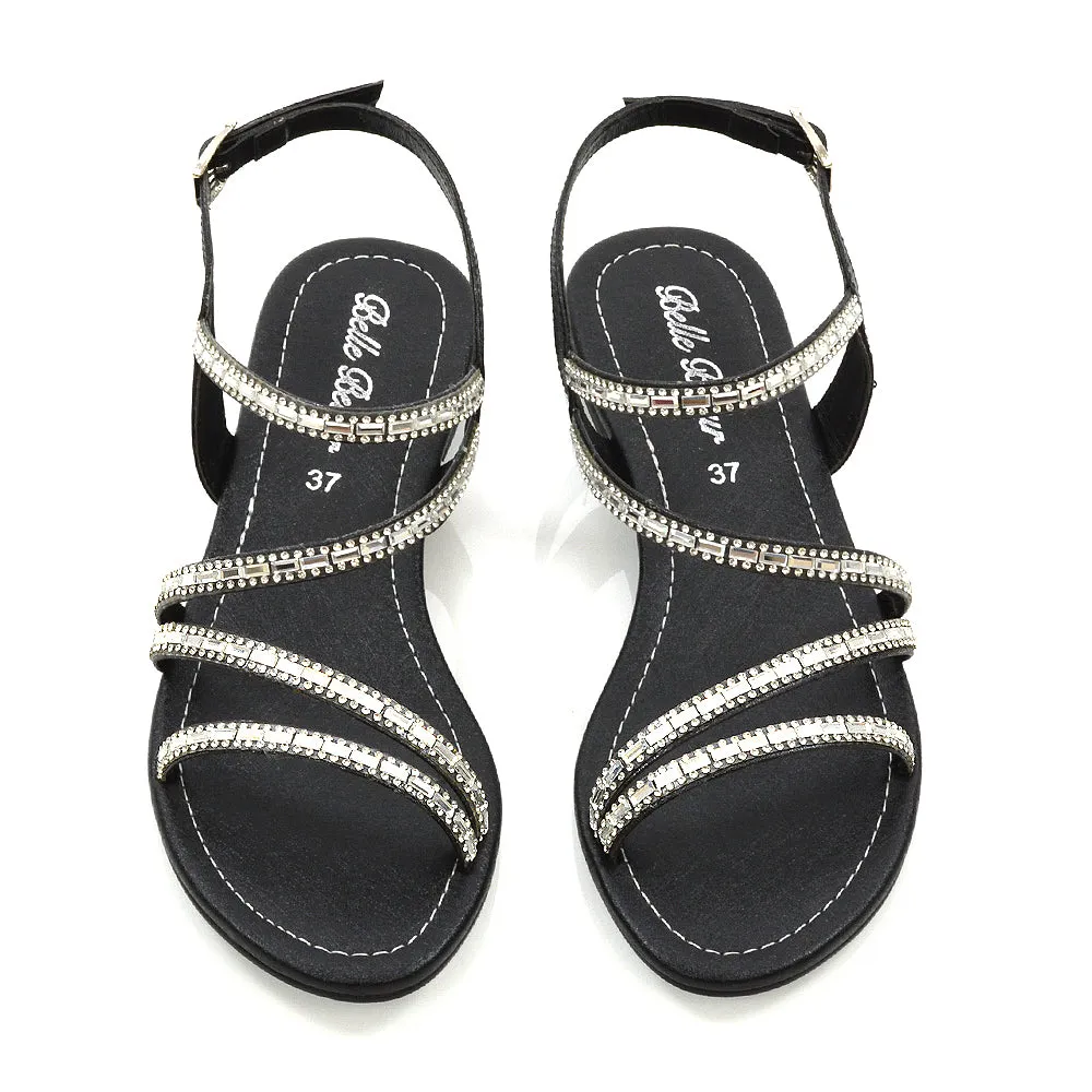 MERCEDES FLAT SOLE MIRROR DETAIL BUCKLE STRAPPY DIAMANTE SANDALS IN BLACK