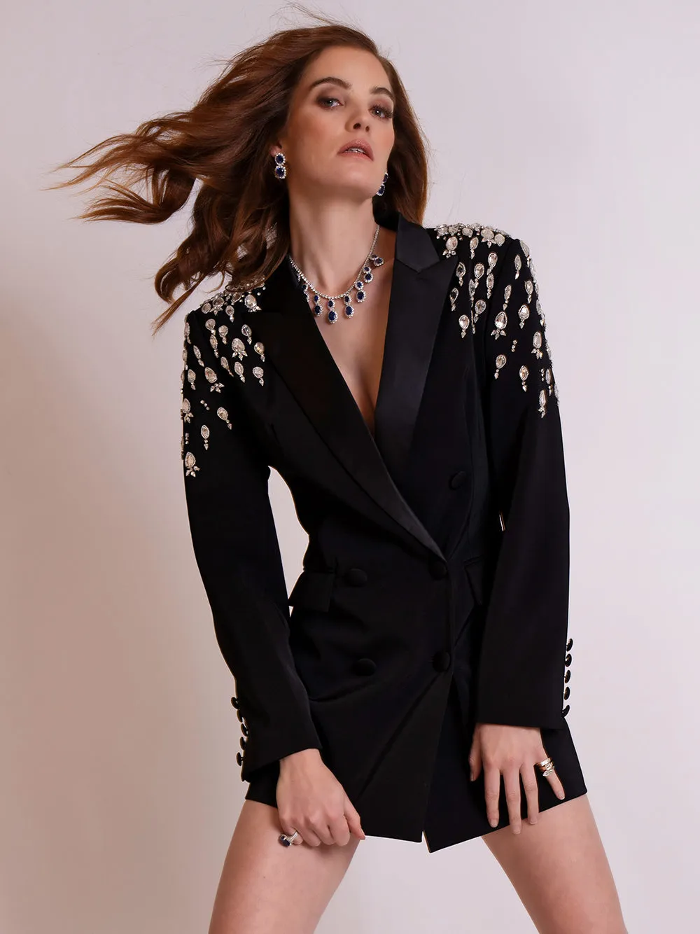 MESSA Beaded Cady Mini Blazer Dress in Black