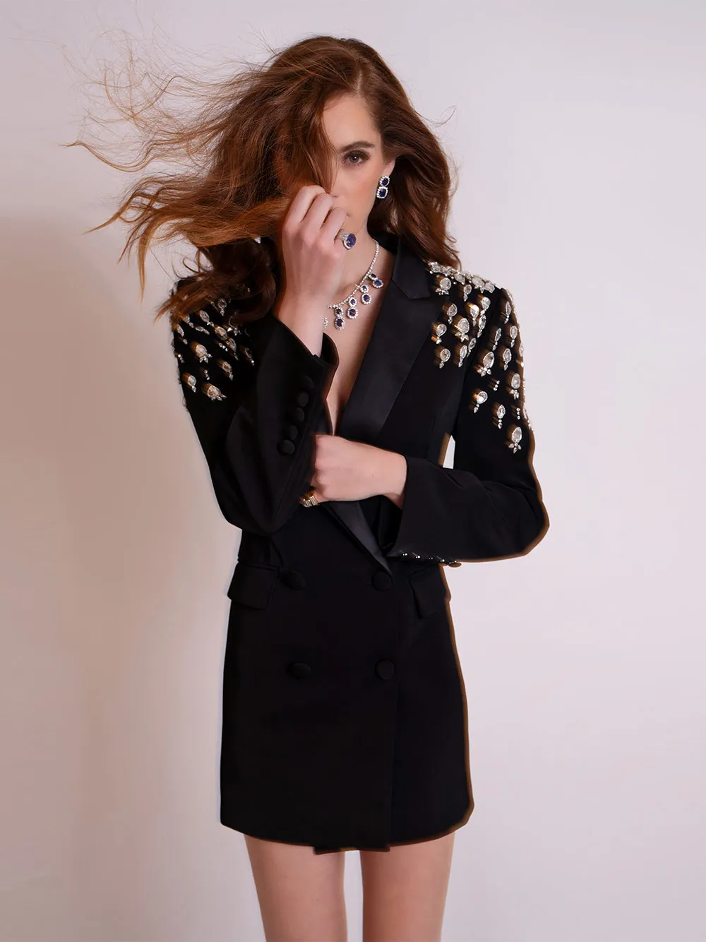 MESSA Beaded Cady Mini Blazer Dress in Black