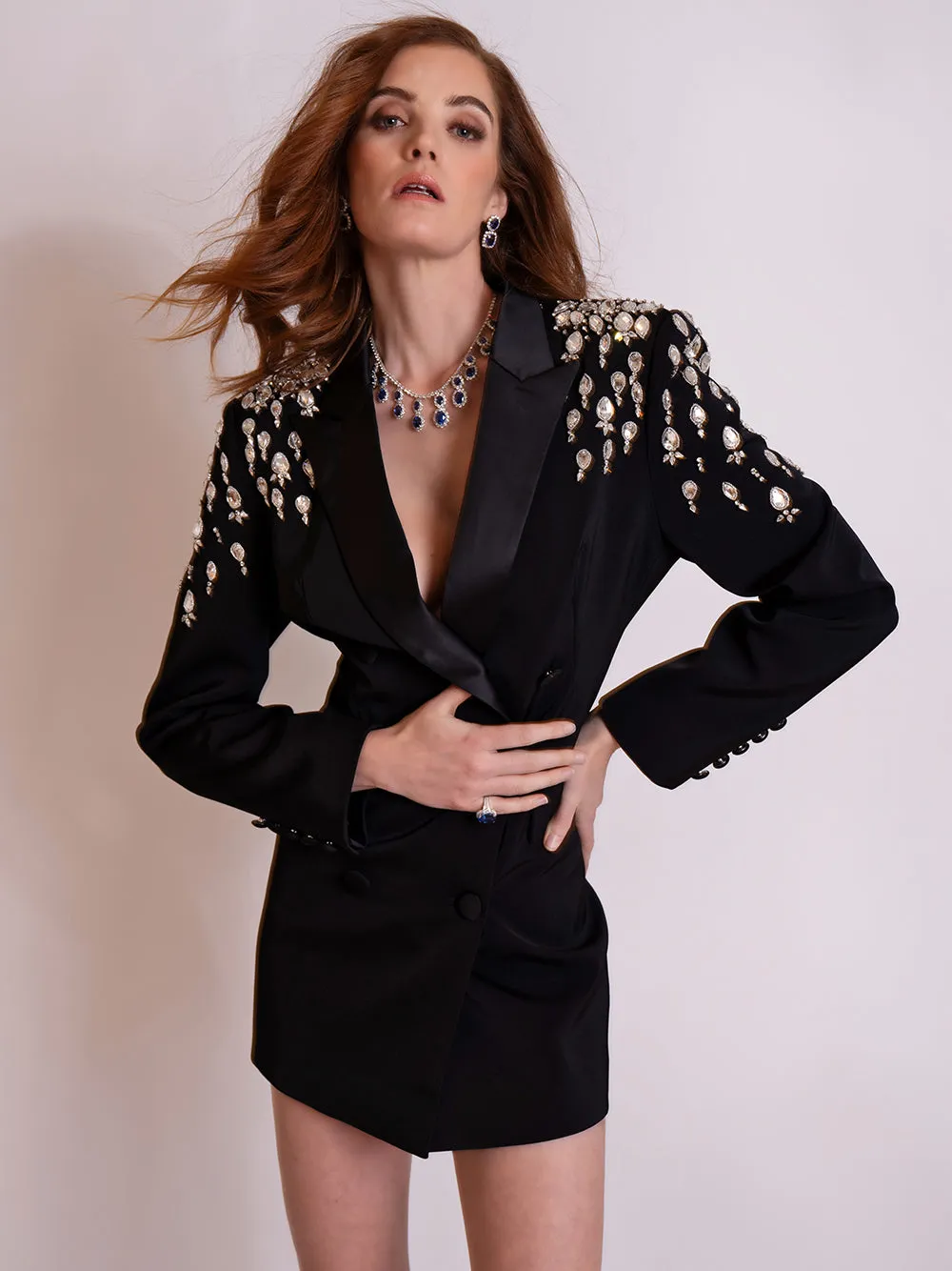 MESSA Beaded Cady Mini Blazer Dress in Black