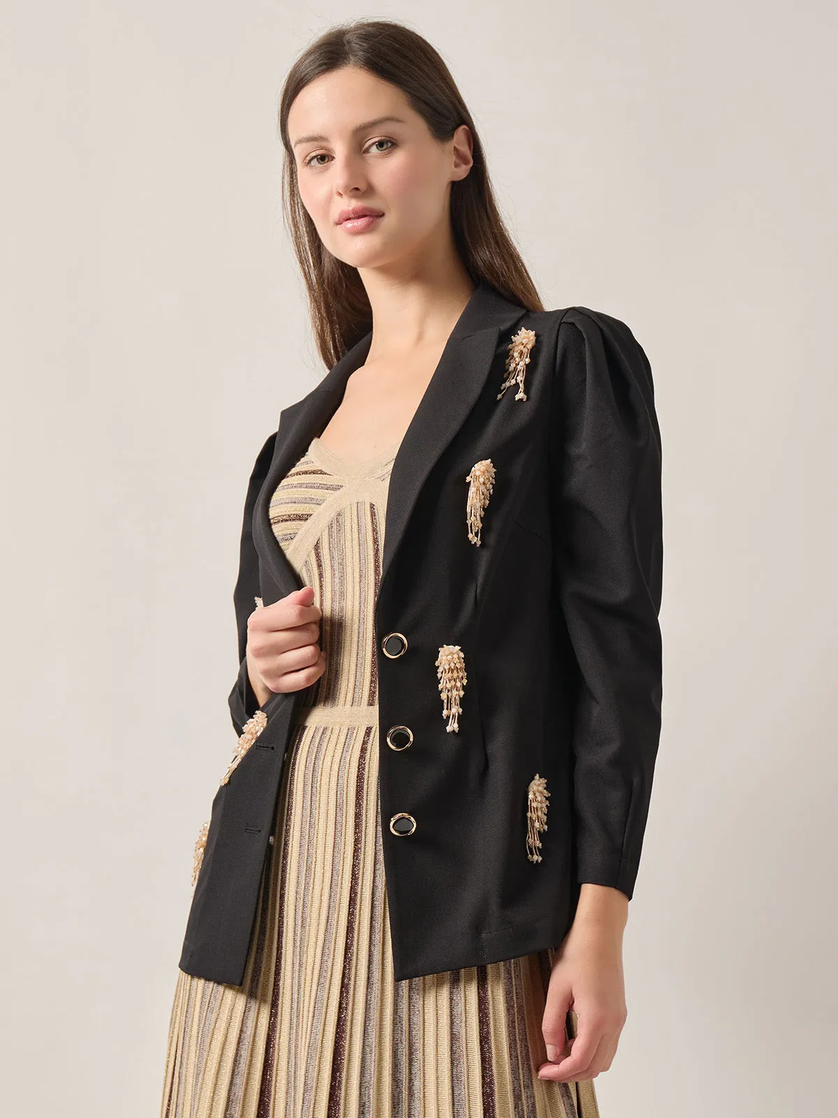 Modern Fit Beaded Applique Button Front Blazer