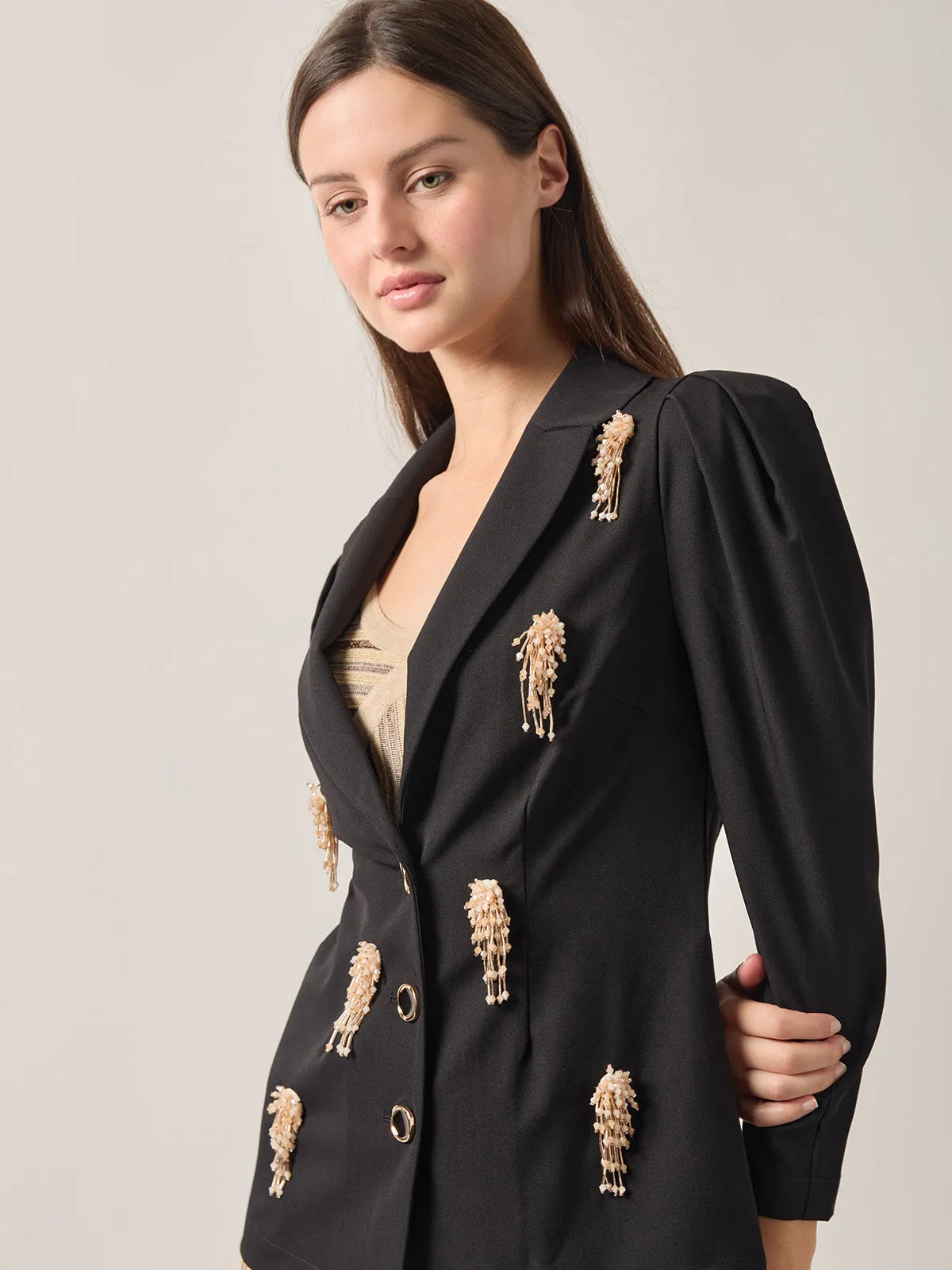 Modern Fit Beaded Applique Button Front Blazer