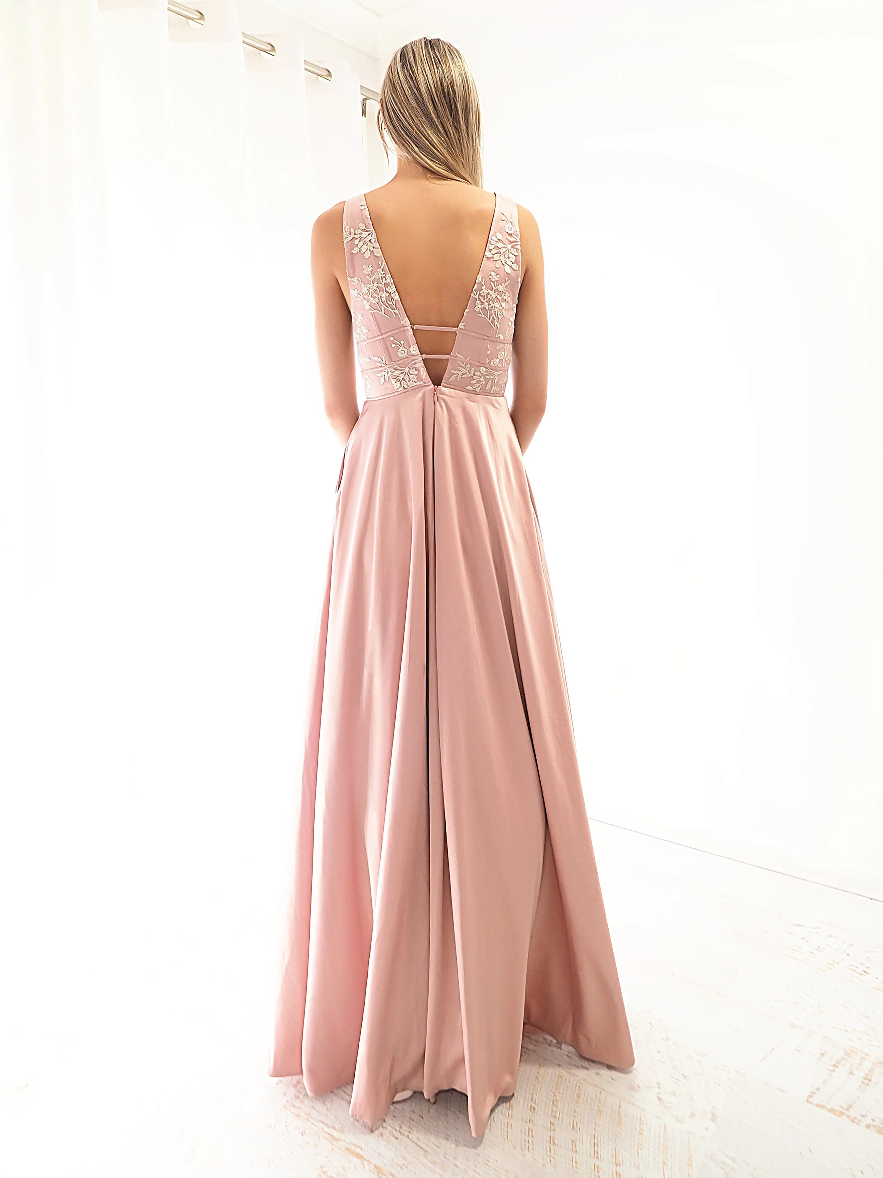 Muted Pink Fondue satin dress with deep V neck (sample sale)