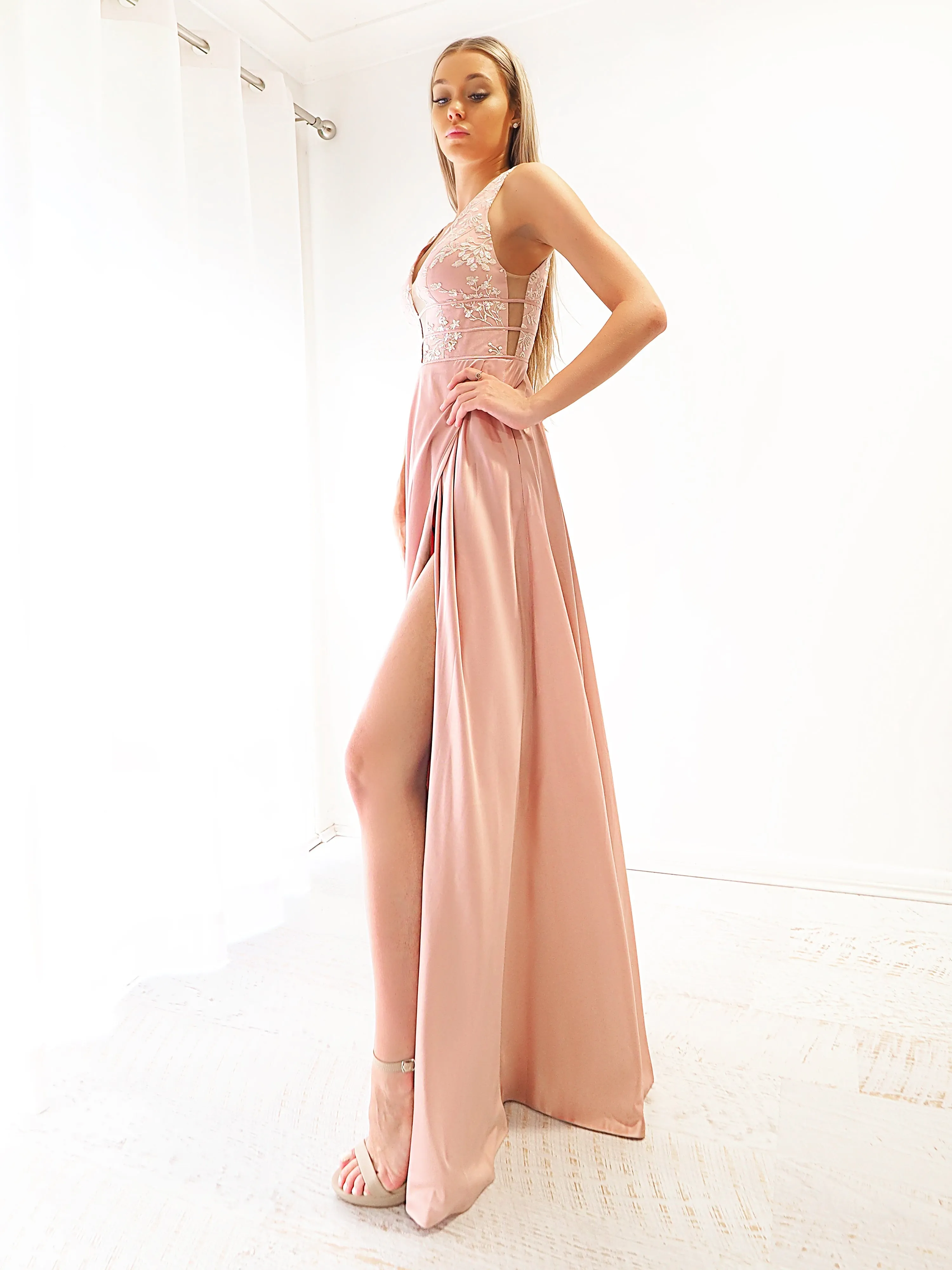 Muted Pink Fondue satin dress with deep V neck (sample sale)