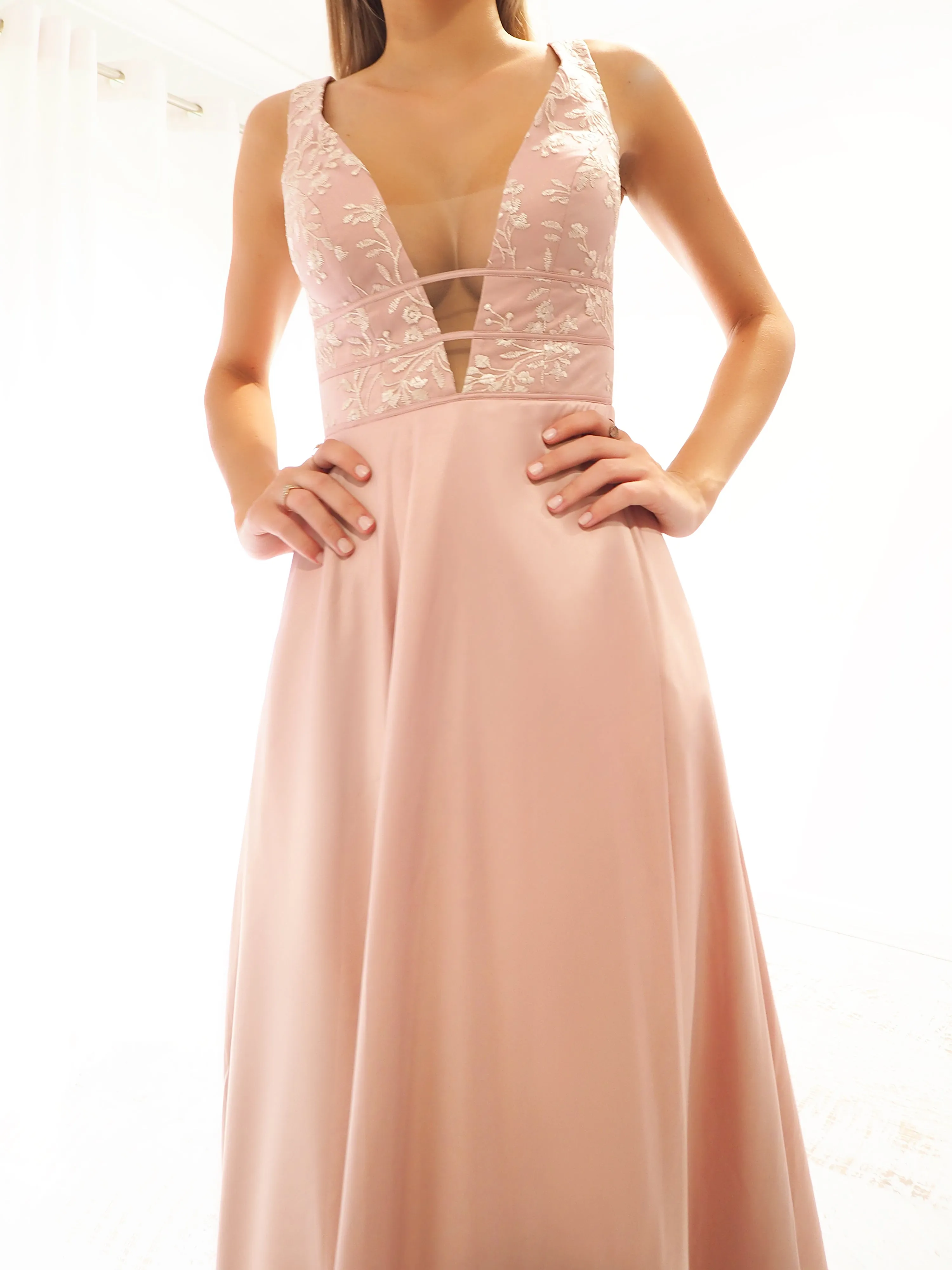 Muted Pink Fondue satin dress with deep V neck (sample sale)