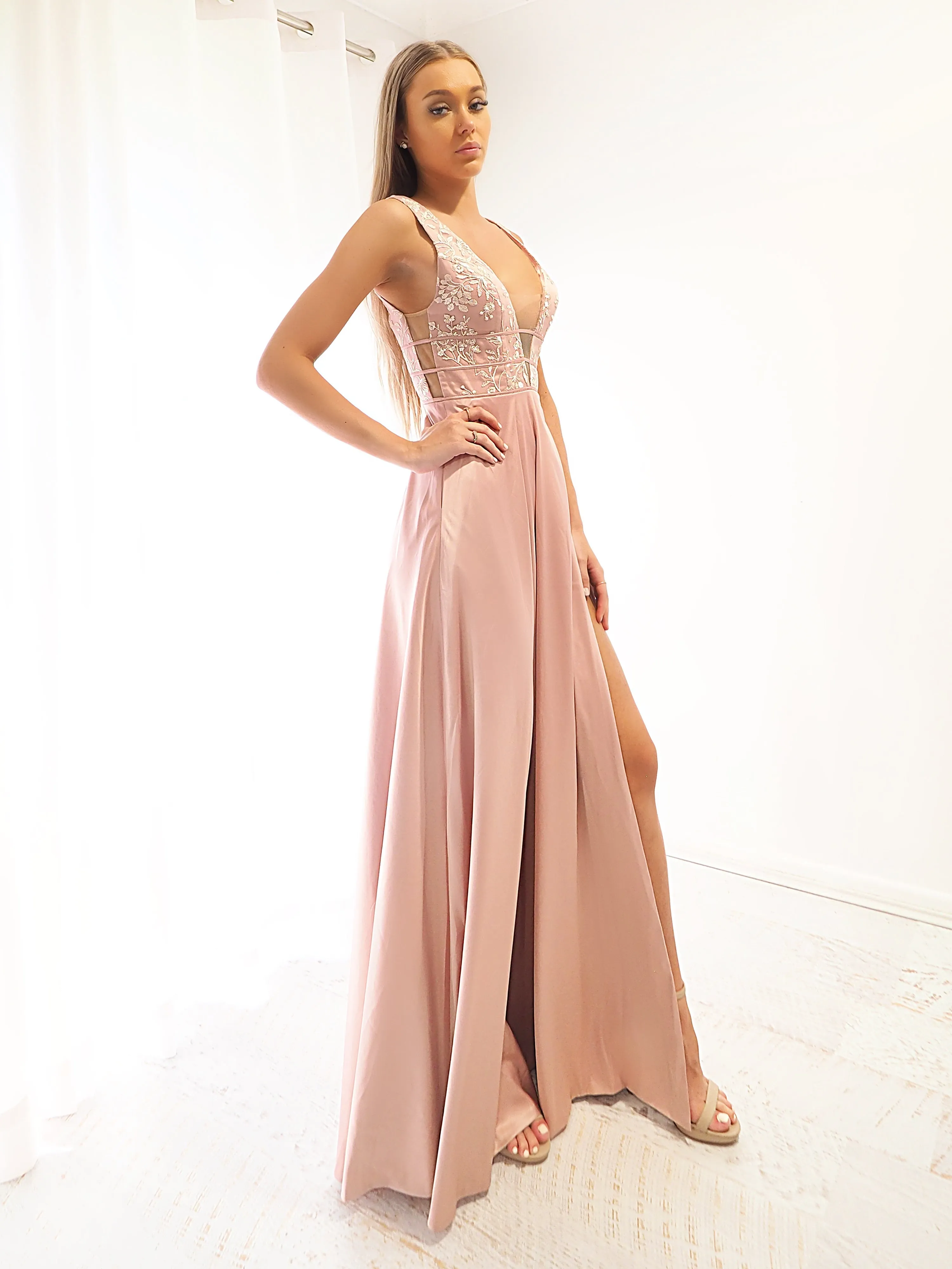 Muted Pink Fondue satin dress with deep V neck (sample sale)