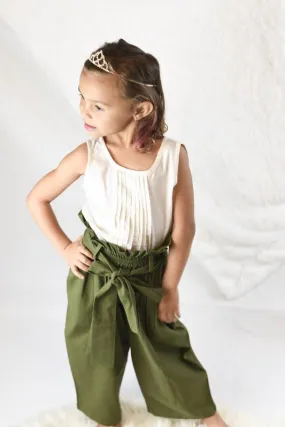 Olive Paper-Bag Pants & Pleated Top Set