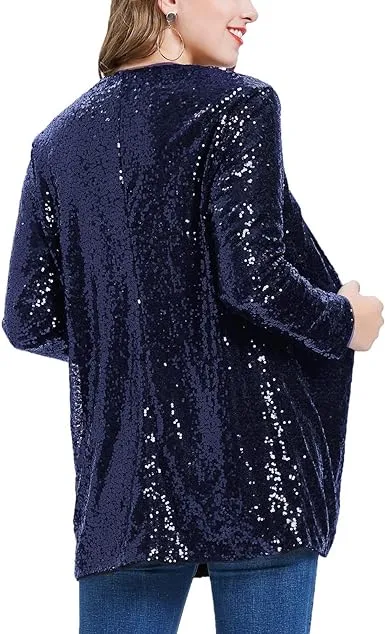 Open Front Sequin Blazer Navy- Ninety Clothing Co