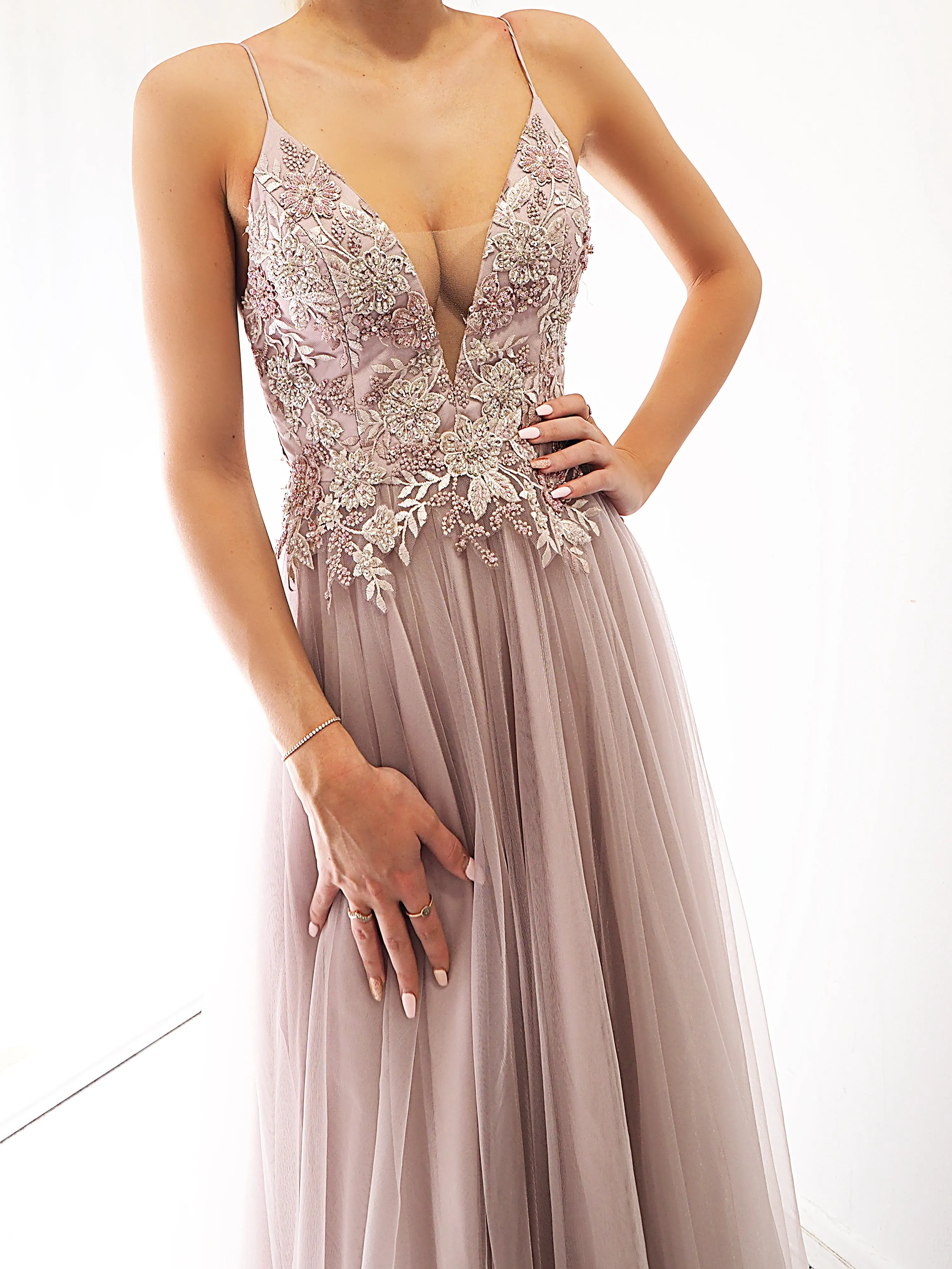 Pastel Mauve tulle dress with beaded lace top