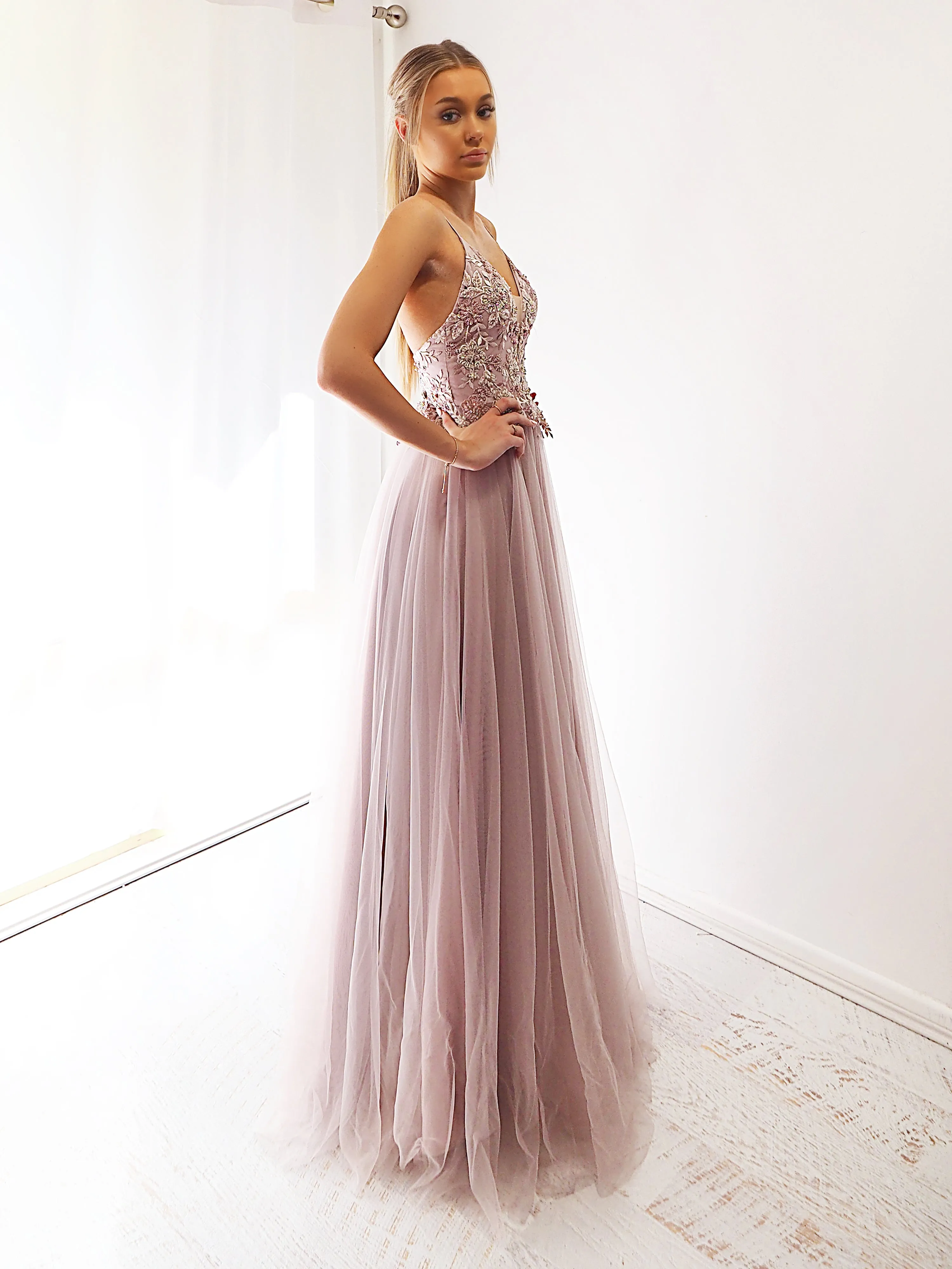 Pastel Mauve tulle dress with beaded lace top