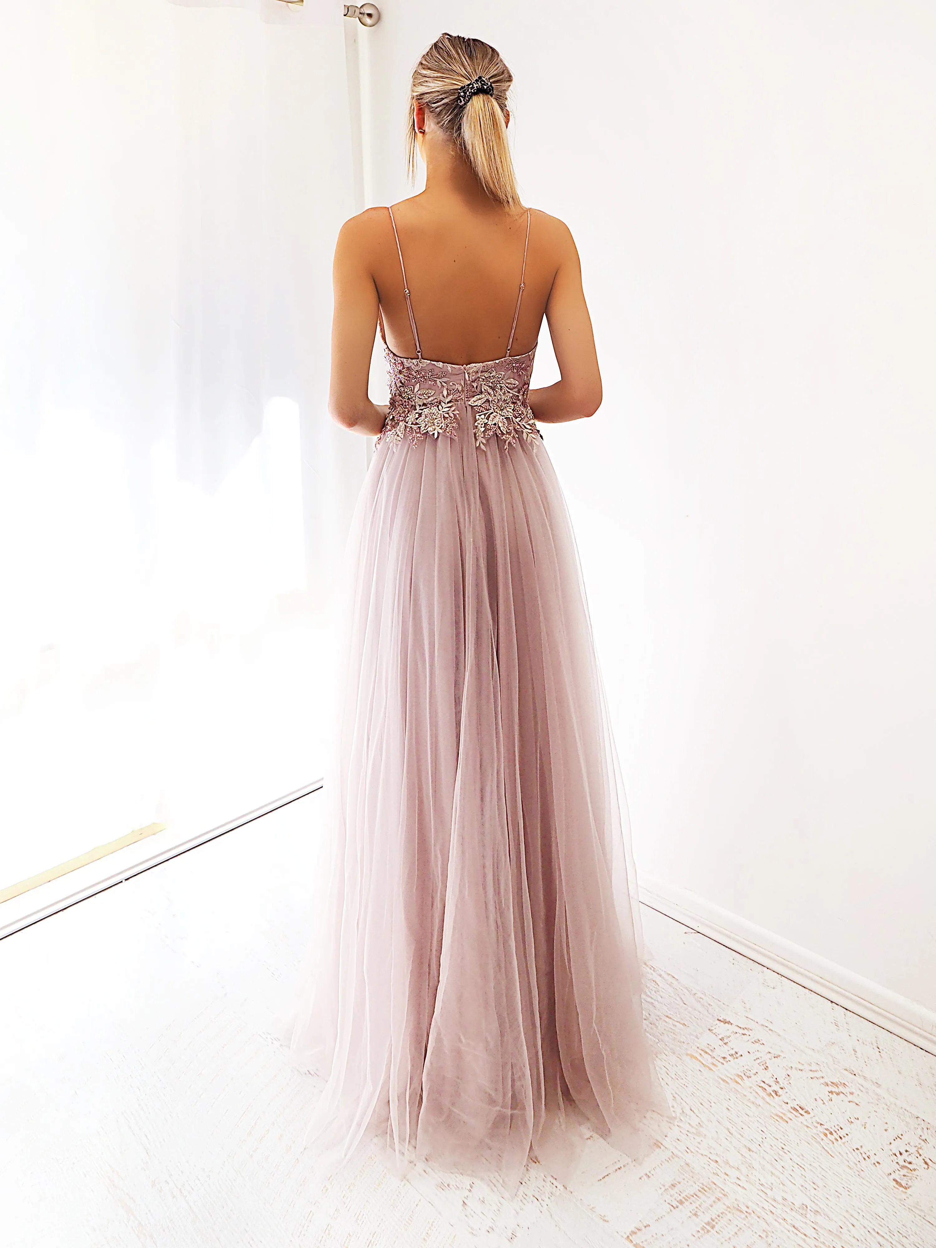 Pastel Mauve tulle dress with beaded lace top