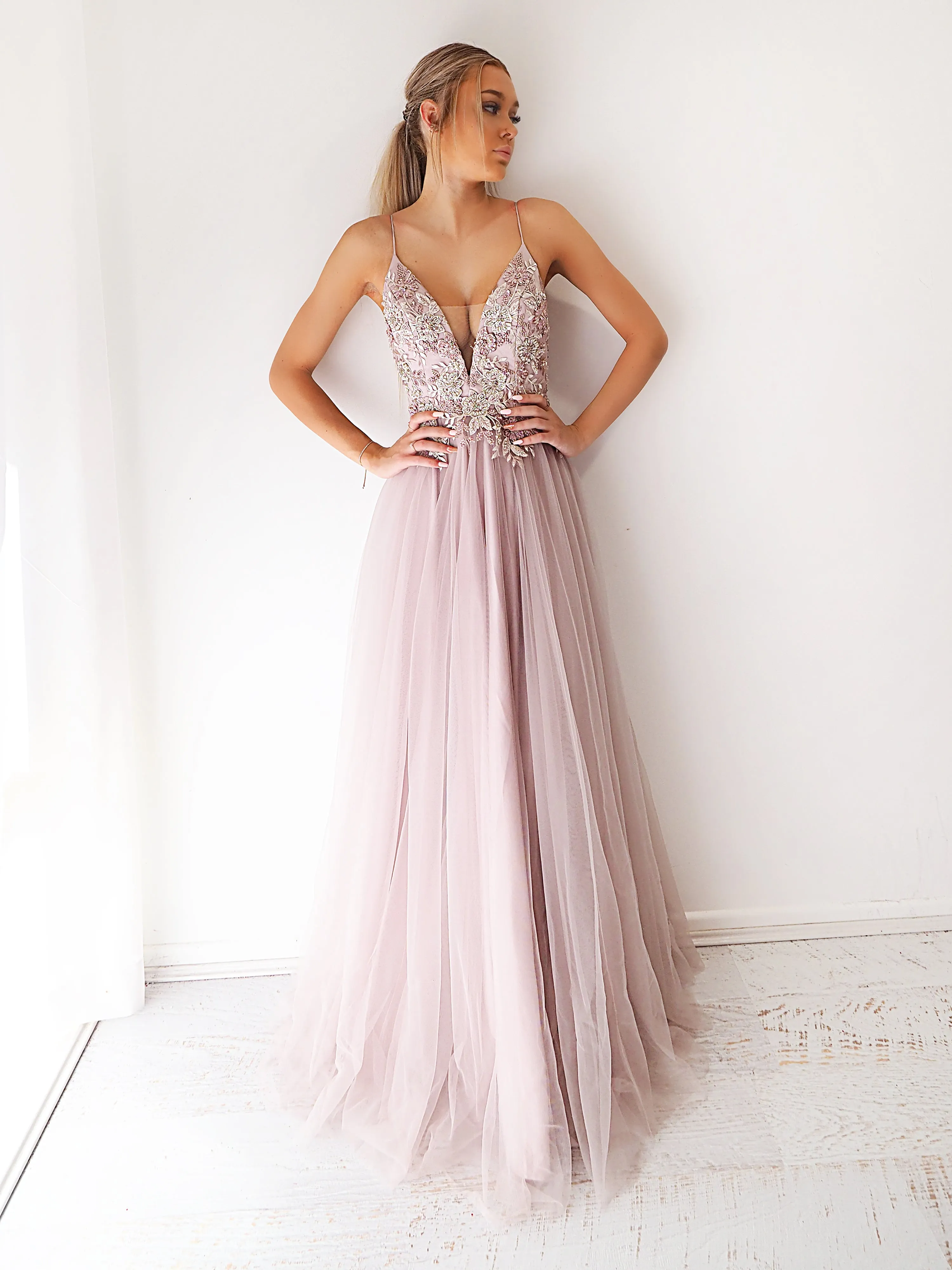 Pastel Mauve tulle dress with beaded lace top