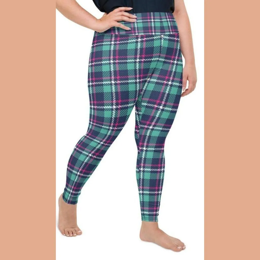 Pink & Turquoise Plaid Print Plus Size Leggings