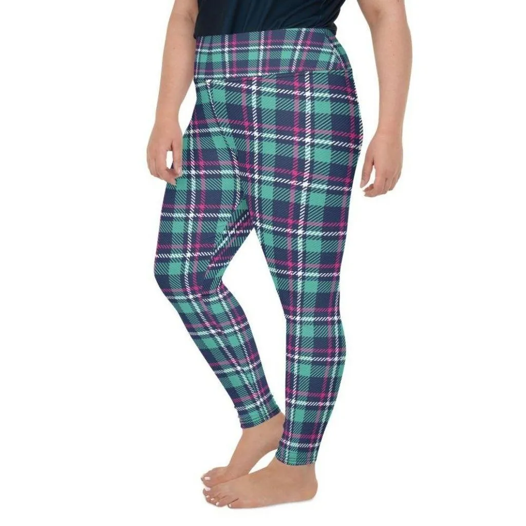 Pink & Turquoise Plaid Print Plus Size Leggings