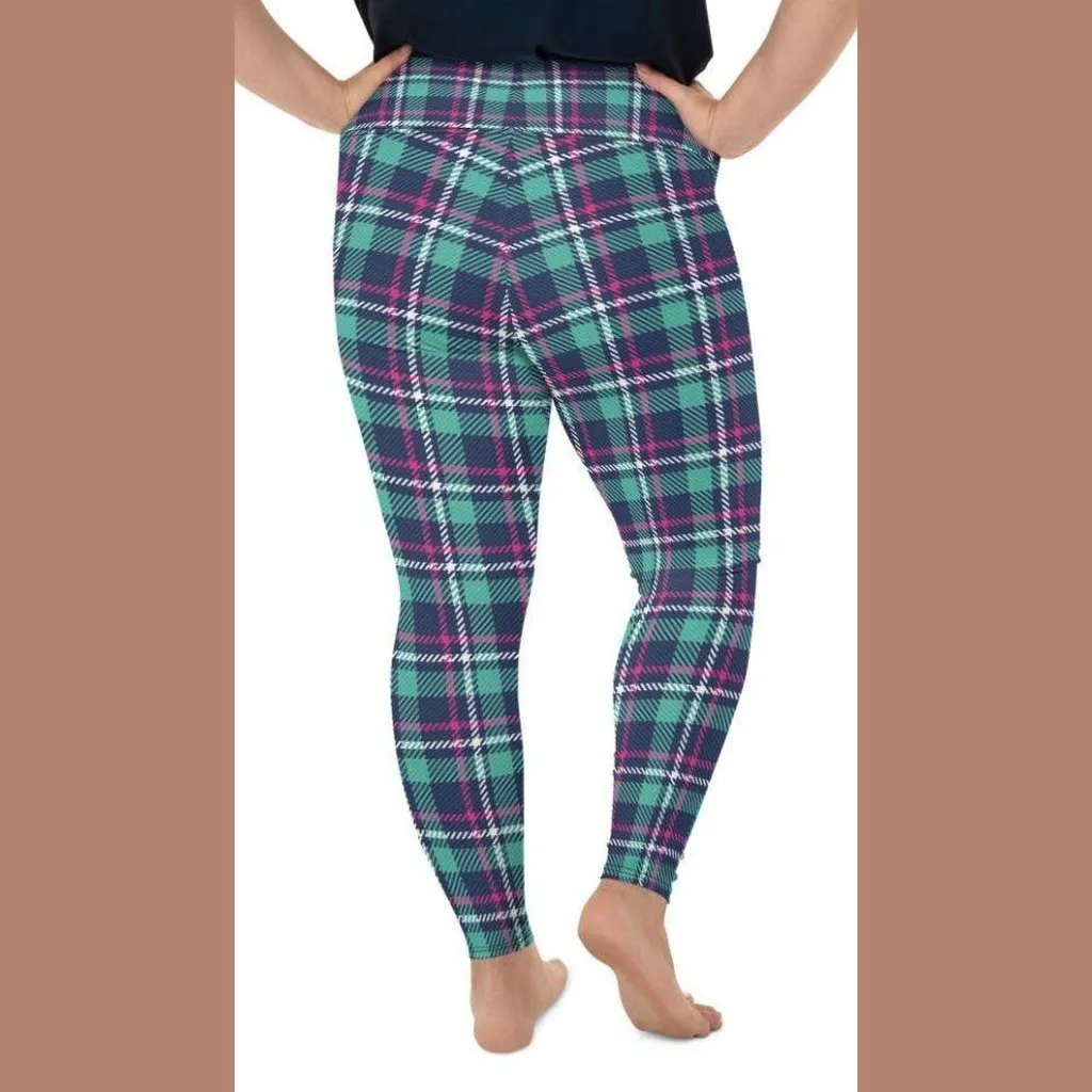 Pink & Turquoise Plaid Print Plus Size Leggings