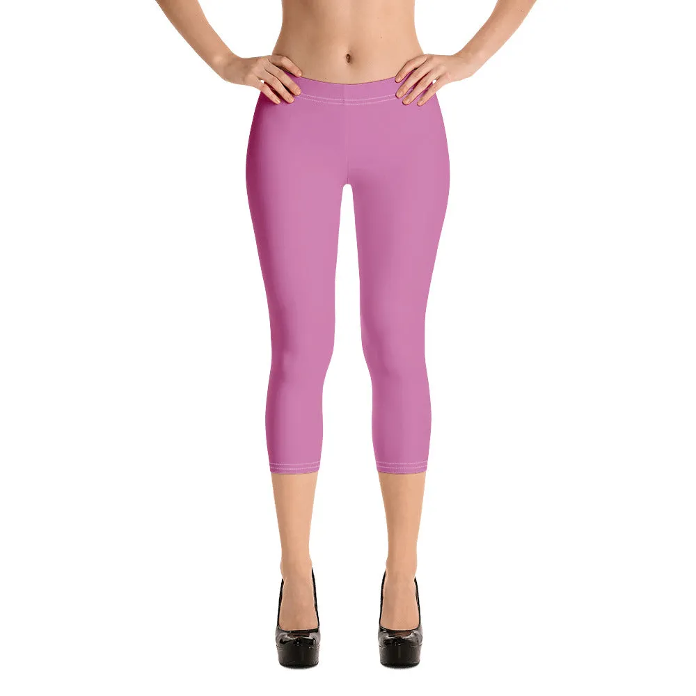 Pink Solid Color Capri Leggings, Modern Casual Capris Tights For Women-Made in USA/EU/MX