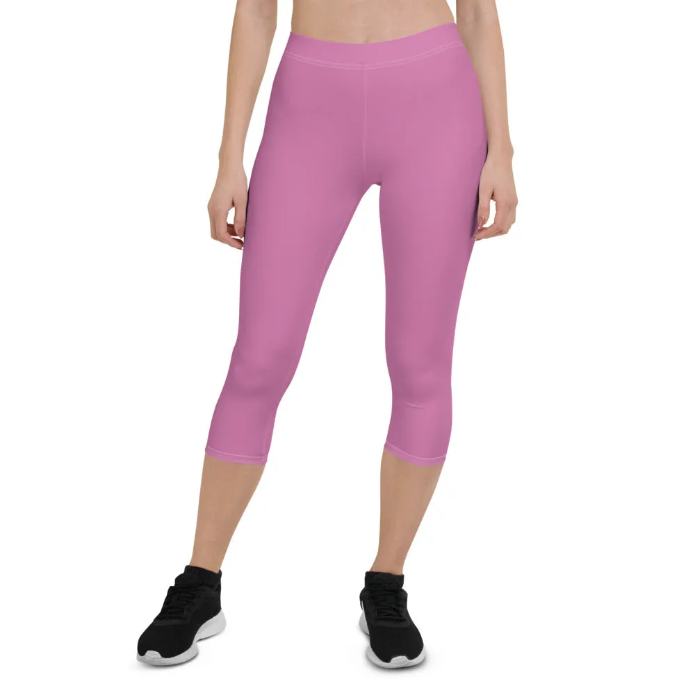 Pink Solid Color Capri Leggings, Modern Casual Capris Tights For Women-Made in USA/EU/MX