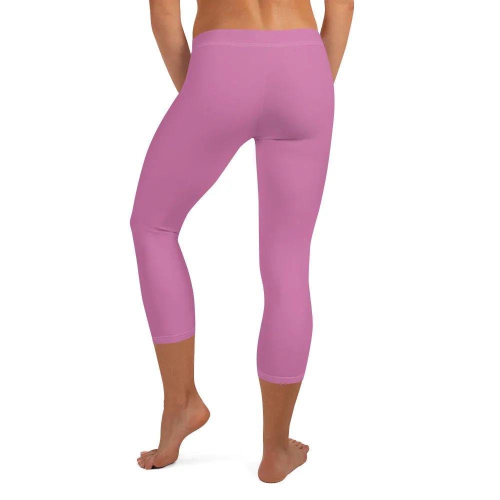 Pink Solid Color Capri Leggings, Modern Casual Capris Tights For Women-Made in USA/EU/MX