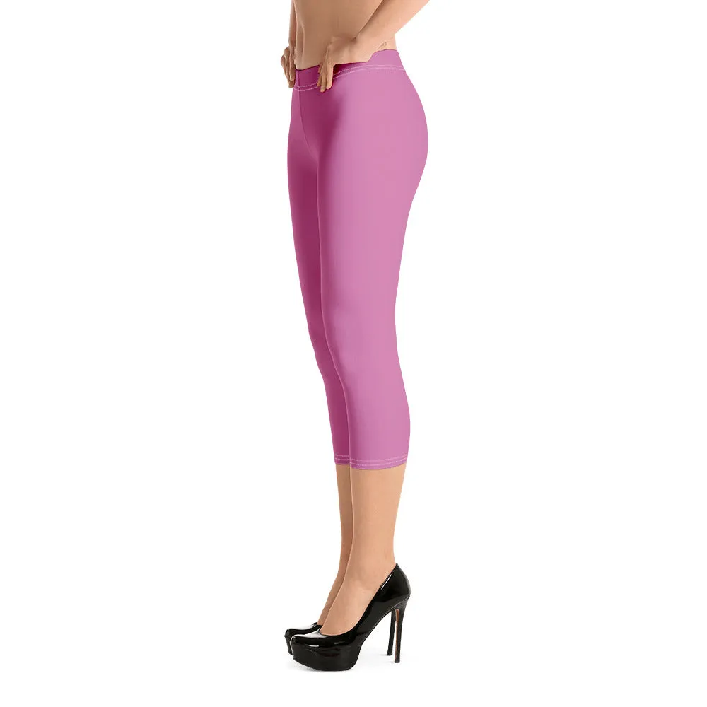 Pink Solid Color Capri Leggings, Modern Casual Capris Tights For Women-Made in USA/EU/MX