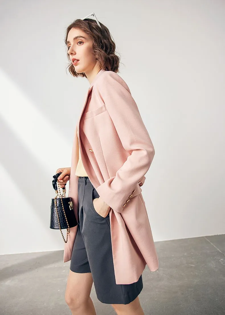 Pink Wool Blend Double Breasted Blazer