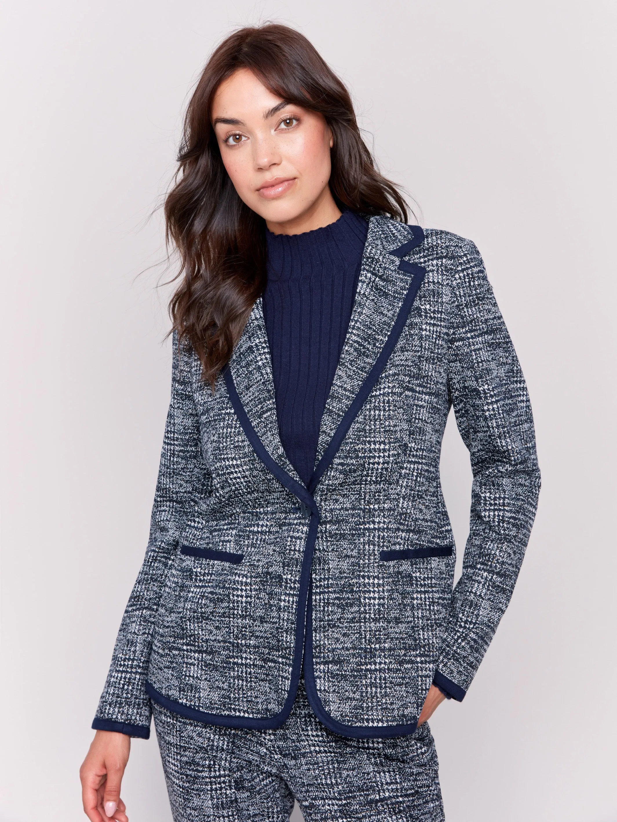 Plaid Knit Blazer with Hood - Navy