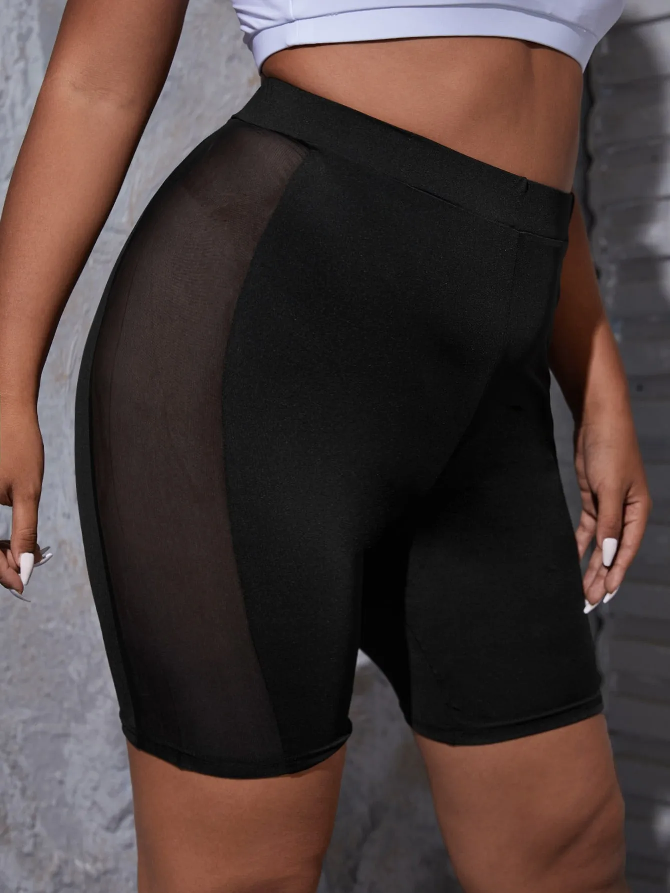 Plain Contrast Mesh Semi-Sheer Short Plus Size Leggings