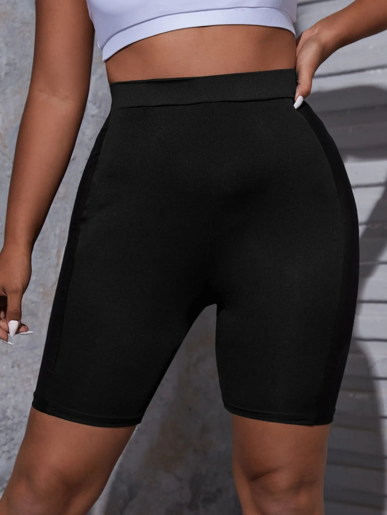 Plain Contrast Mesh Semi-Sheer Short Plus Size Leggings