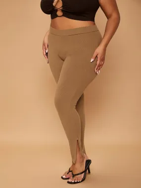 Plain Split Cropped Plus Size Leggings