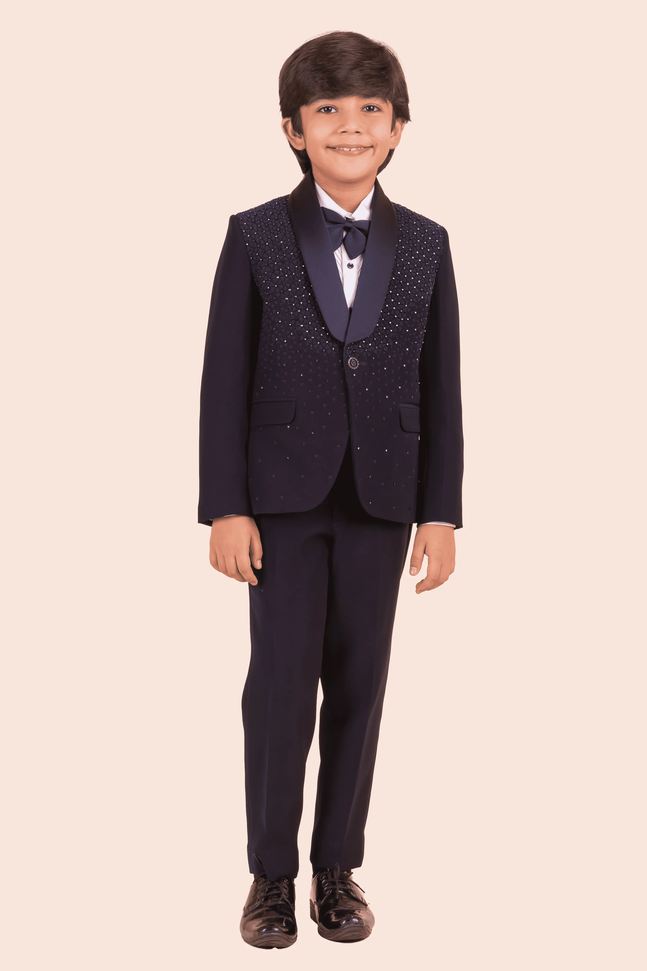 Pre-Order: Navy Blue Tuxedo with Hand Embroidery in Self