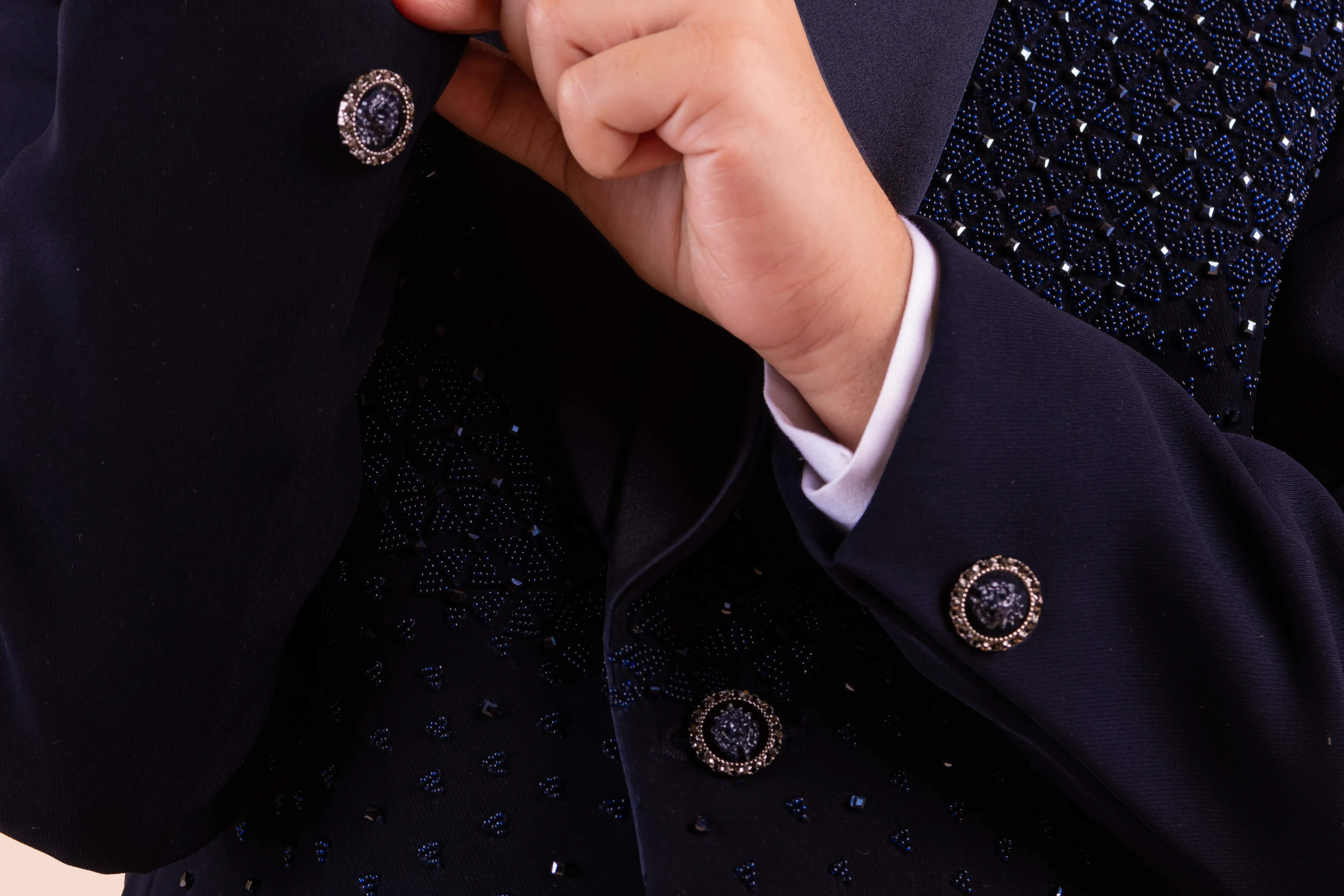 Pre-Order: Navy Blue Tuxedo with Hand Embroidery in Self