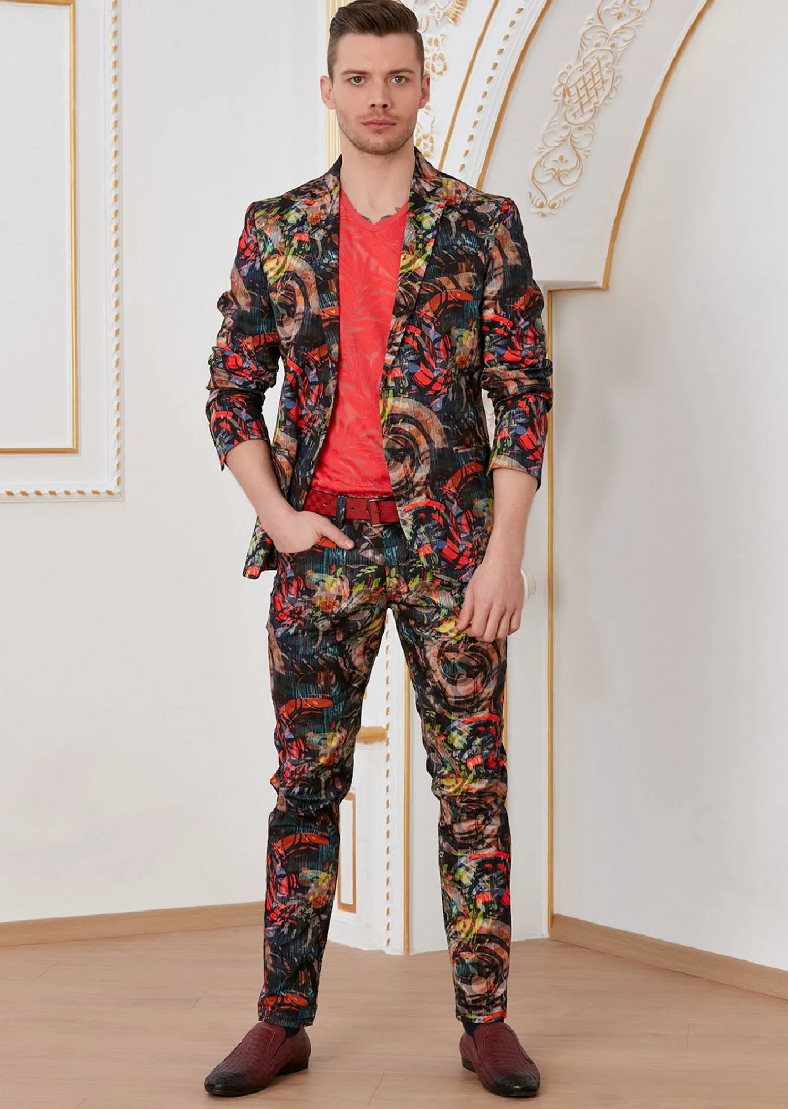 Red Abstract Print 2-Pieces Suit