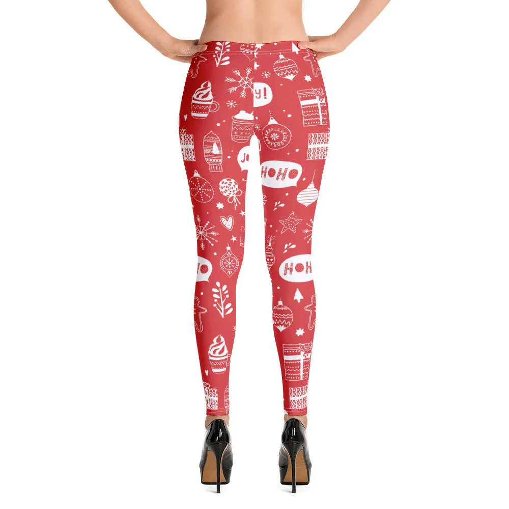 Red Christmas Leggings Women, Ho Ho Ho Xmas Tree Printed Yoga Pants Cute Graphic Workout Running Gym Fun Designer Tights Gift