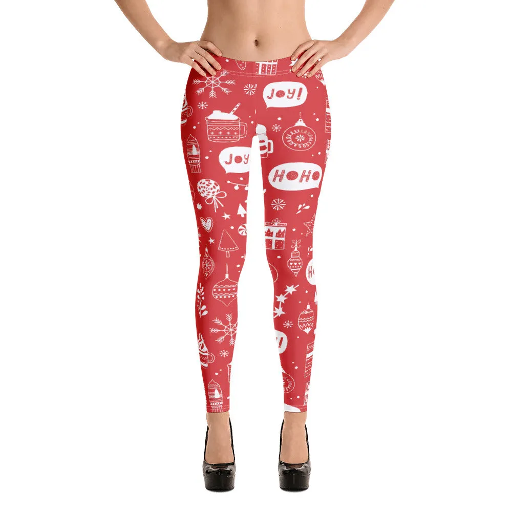 Red Christmas Leggings Women, Ho Ho Ho Xmas Tree Printed Yoga Pants Cute Graphic Workout Running Gym Fun Designer Tights Gift