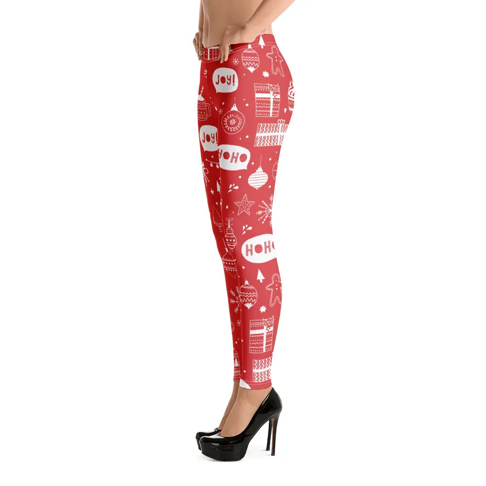 Red Christmas Leggings Women, Ho Ho Ho Xmas Tree Printed Yoga Pants Cute Graphic Workout Running Gym Fun Designer Tights Gift