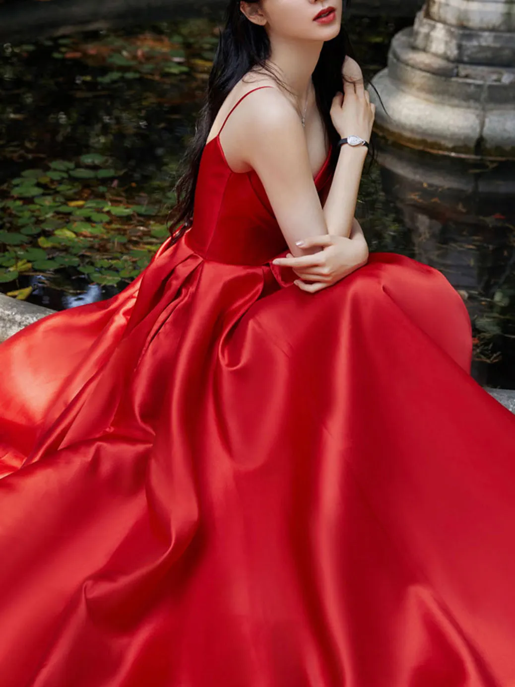 Red V Neck Satin Long Prom Dress, Red Formal Graduation Dresses