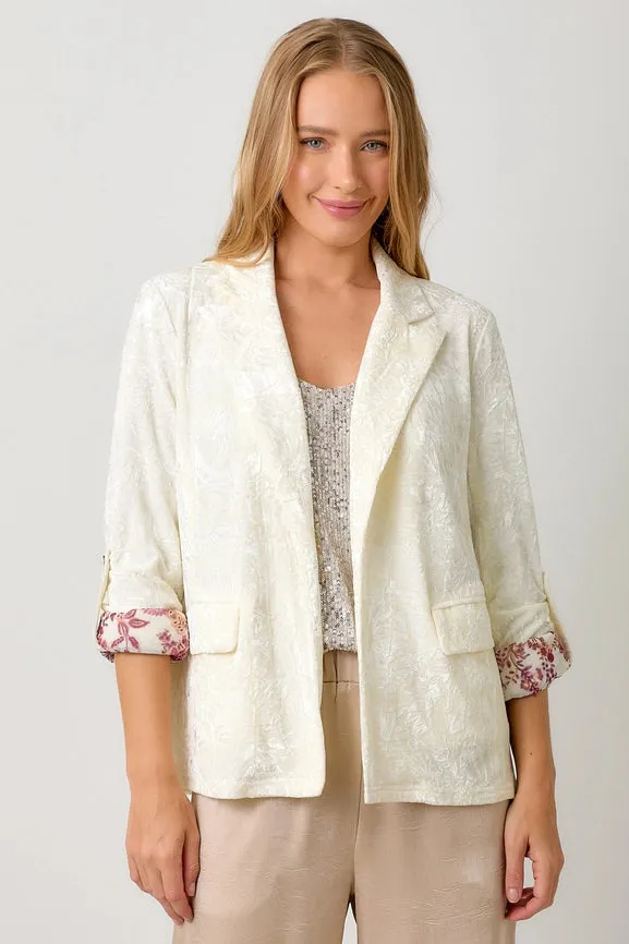 Rolled Sleeve Velvet Blazer Ivory