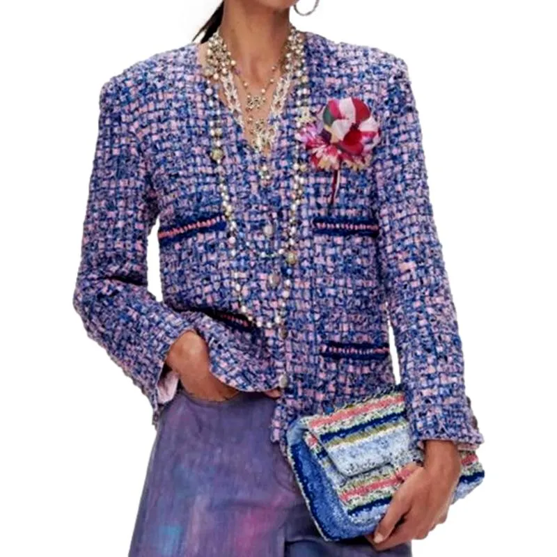 Runway Tweed Vintage V-neck Purple Plaid Tassel Blazer