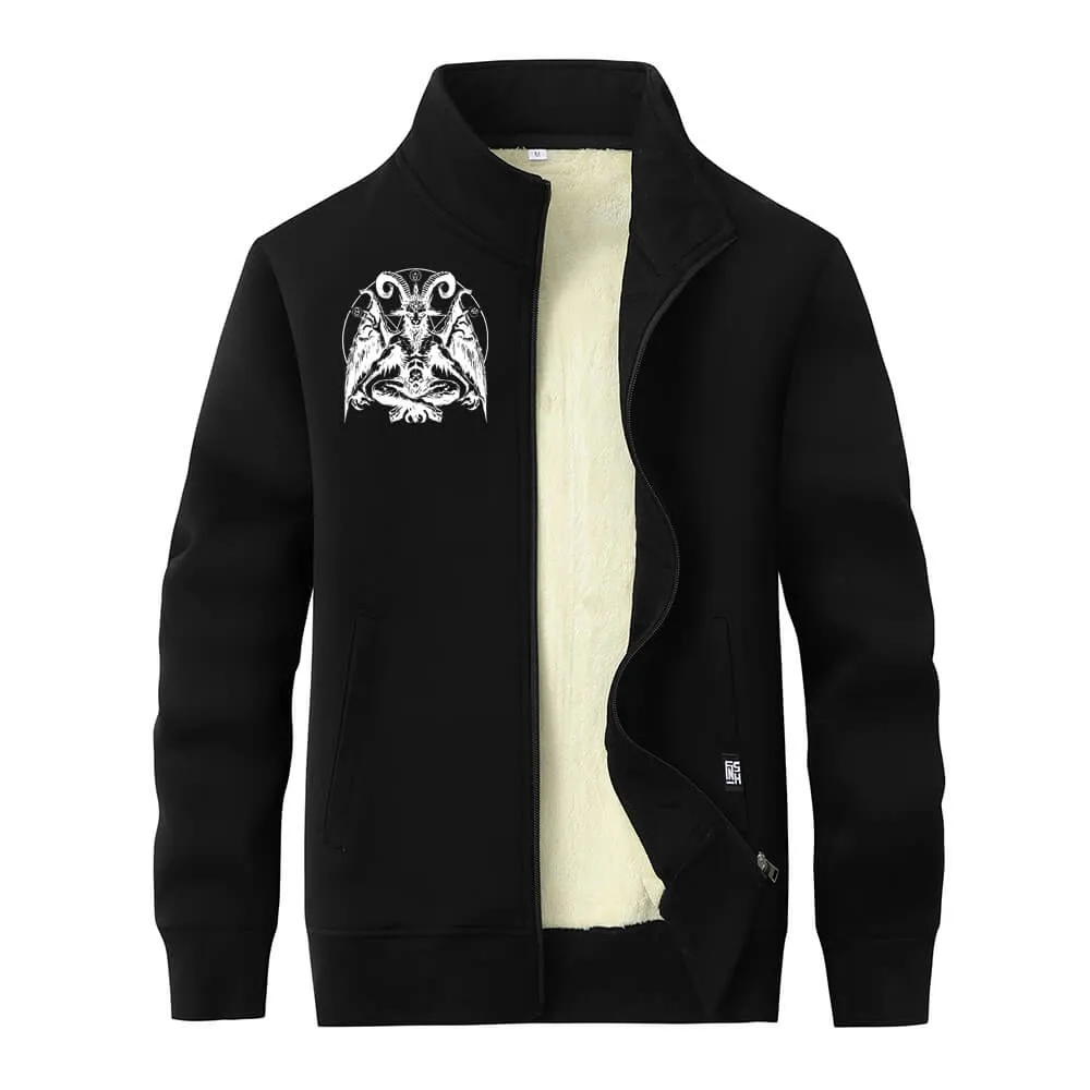 Satan Baphomet Goat Fleece Sherpa Stand Collar Zip Cardigan