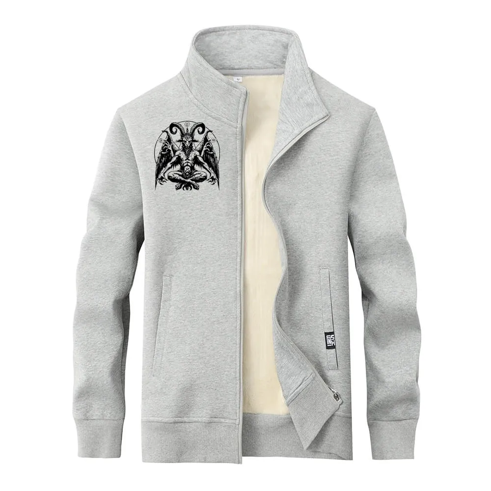 Satan Baphomet Goat Fleece Sherpa Stand Collar Zip Cardigan