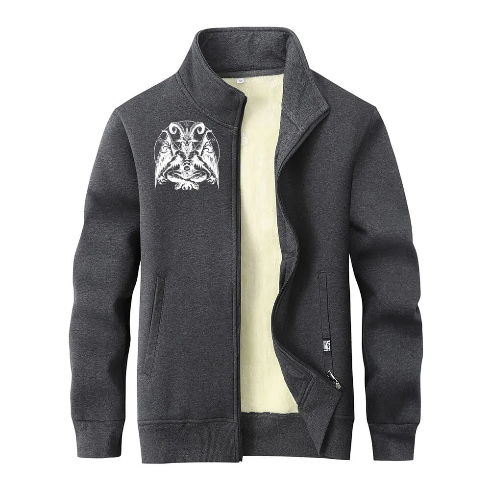 Satan Baphomet Goat Fleece Sherpa Stand Collar Zip Cardigan