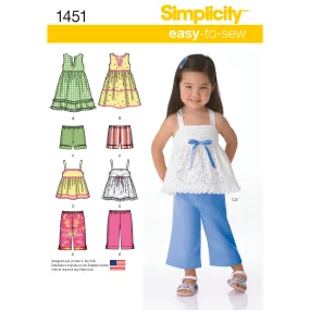 Simplicity Pattern 1451 Toddlers' Dresses, Top, Cropped Trousers and Shorts