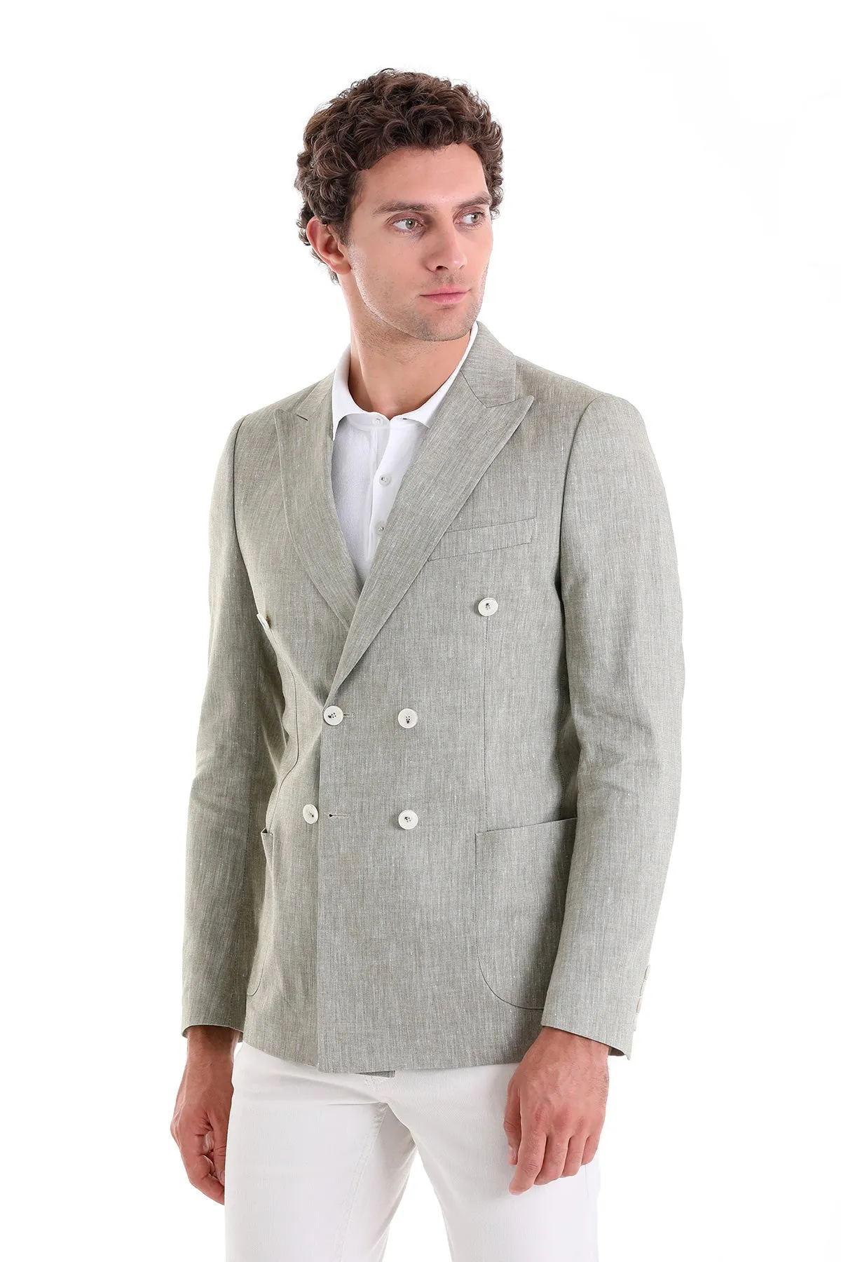 Slim Fit Double Breasted Olive Linen Casual Blazer