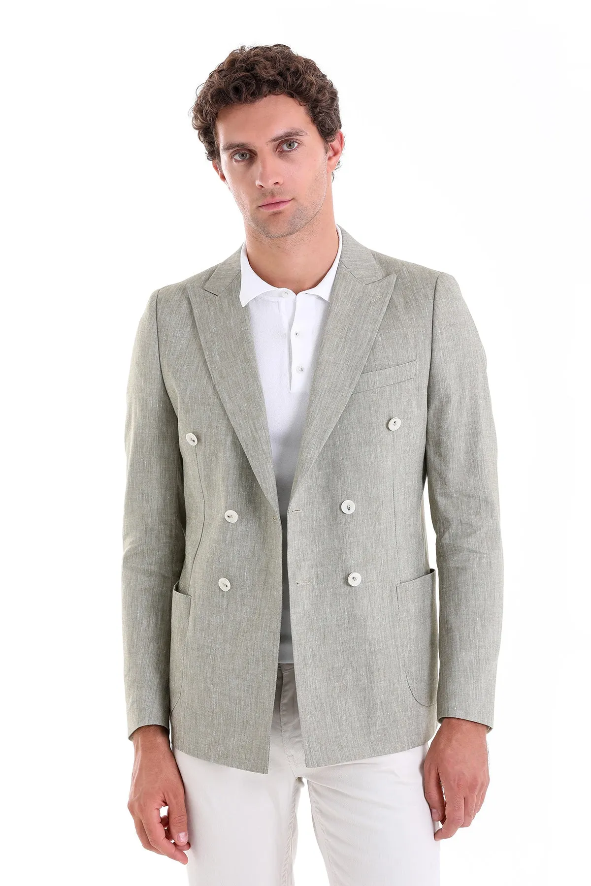 Slim Fit Double Breasted Olive Linen Casual Blazer