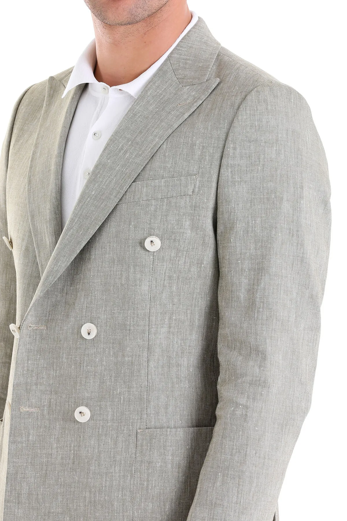 Slim Fit Double Breasted Olive Linen Casual Blazer