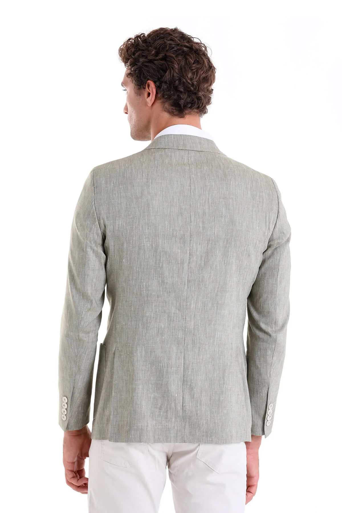 Slim Fit Double Breasted Olive Linen Casual Blazer