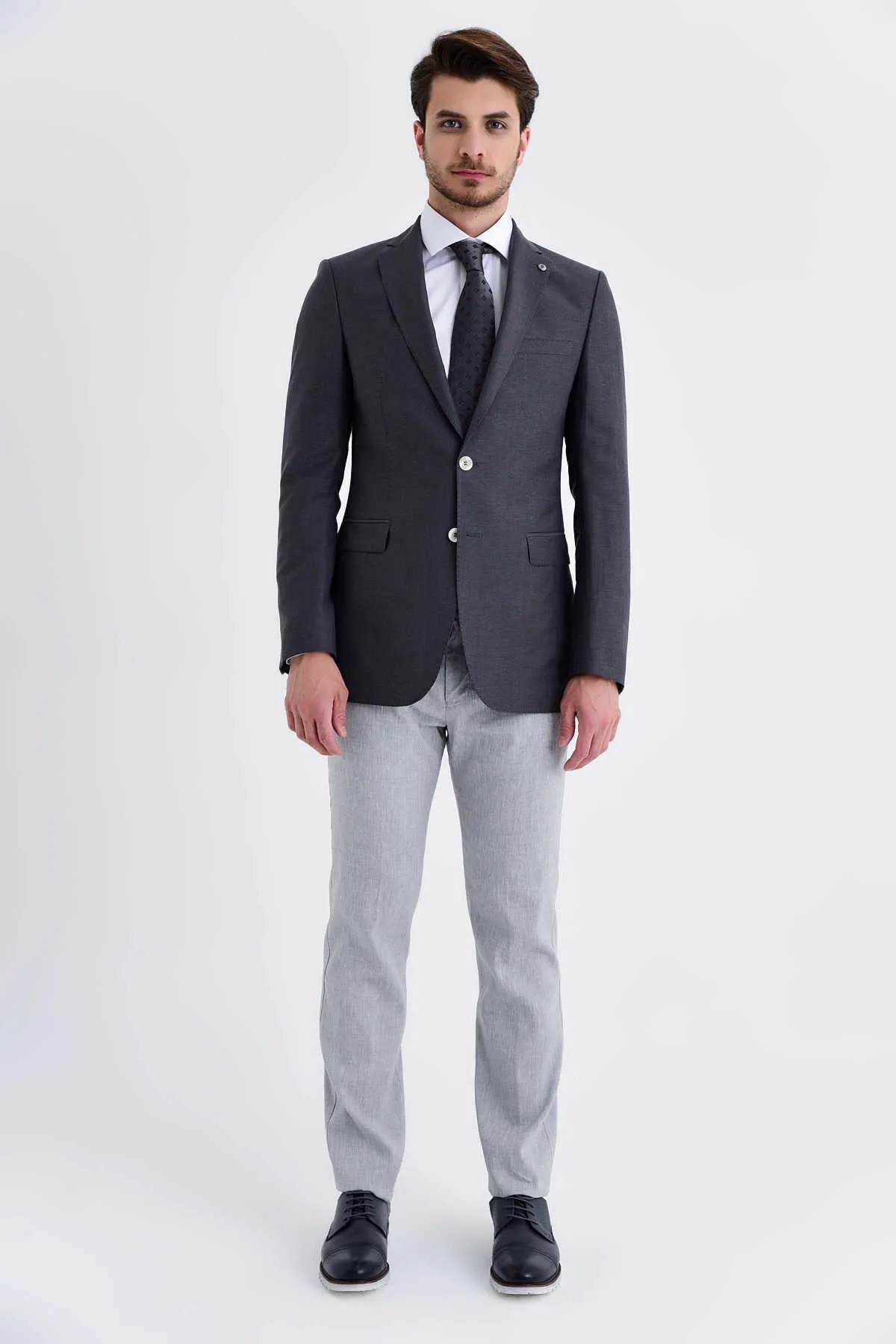 Slim Fit Notch Lapel Plain Wool & Linen Blend Light Gray Classic Blazer, Light Gray 7