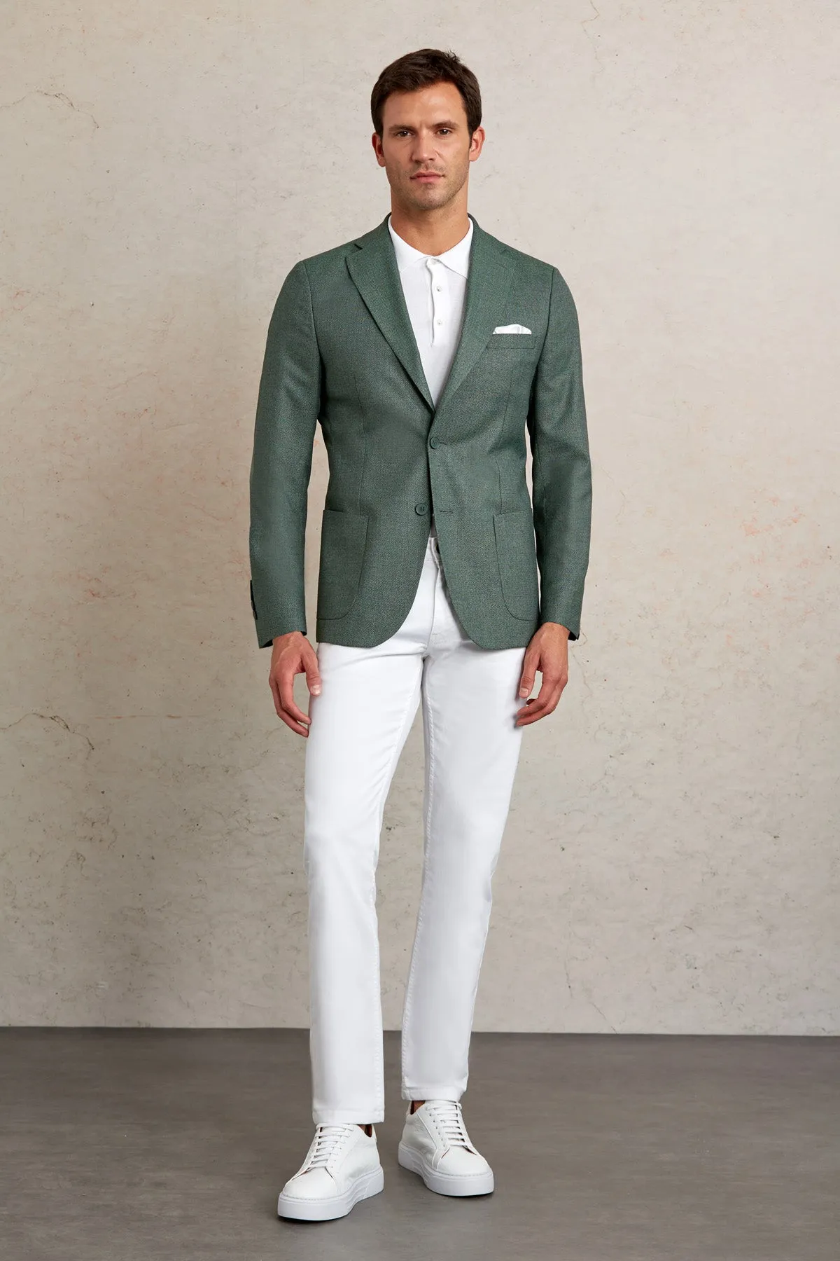 Slim Fit Notch Lapel Textured Green Casual Blazer