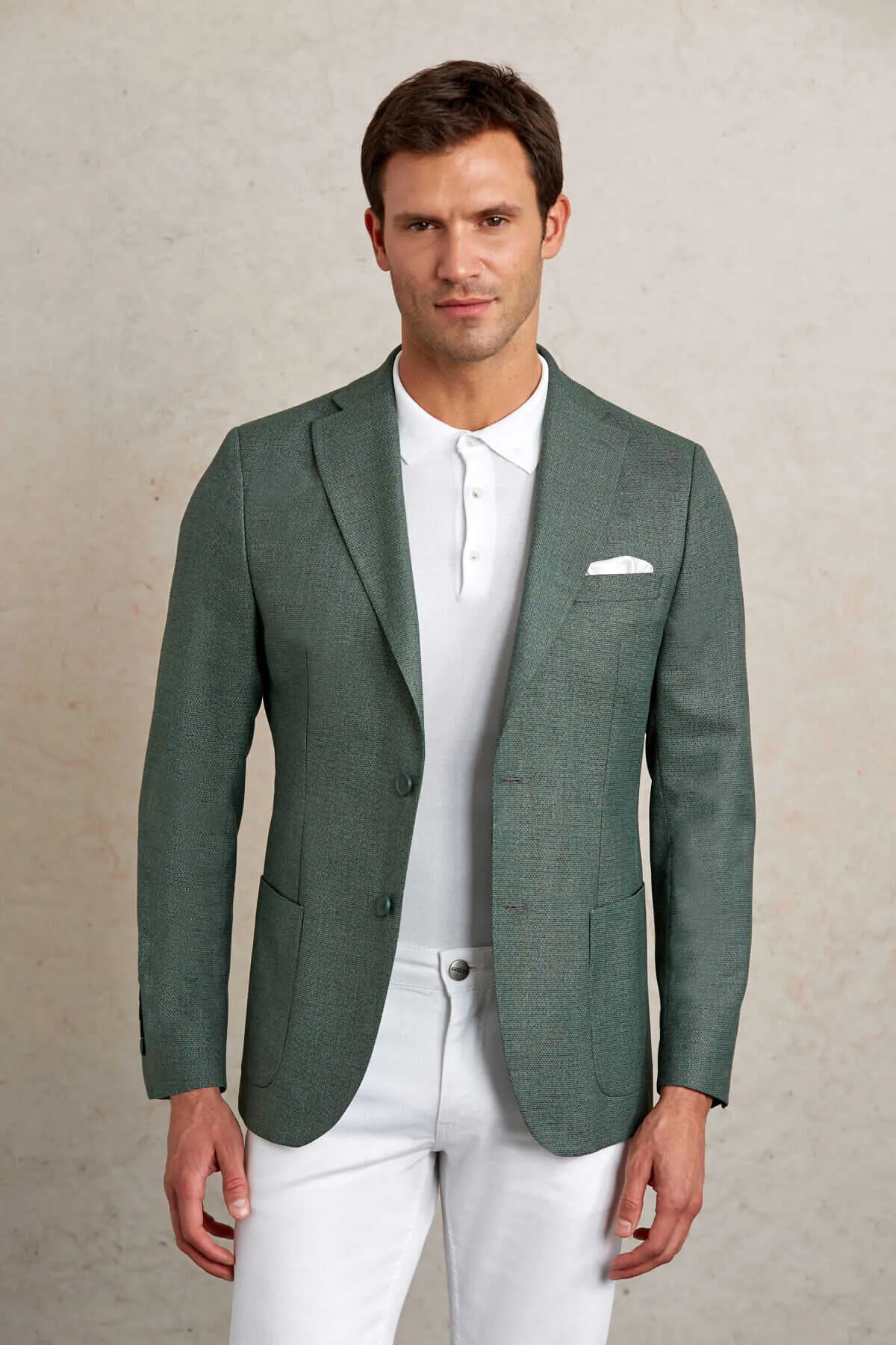 Slim Fit Notch Lapel Textured Green Casual Blazer