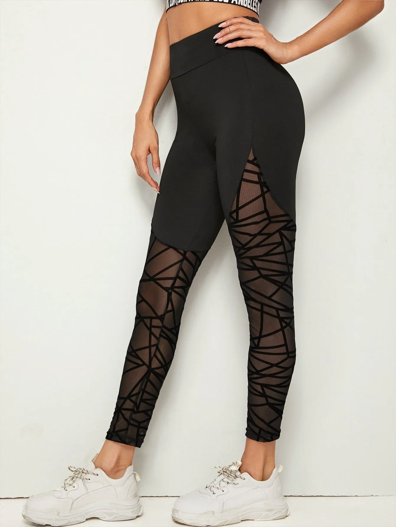 Sporty Plain Contrast Mesh Cropped Women Leggings