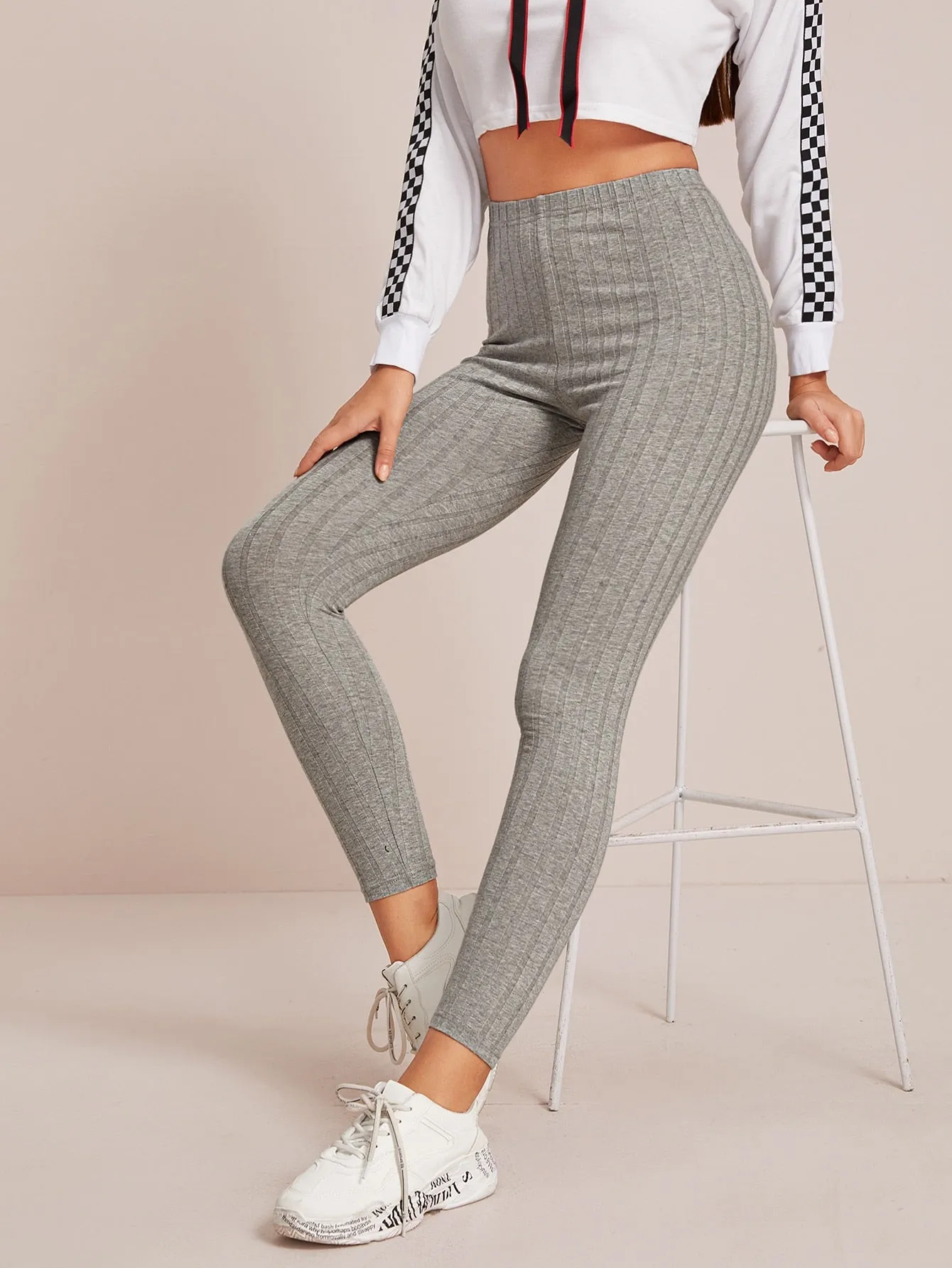 Sporty Plain Rib-Knit Cropped Women Leggings